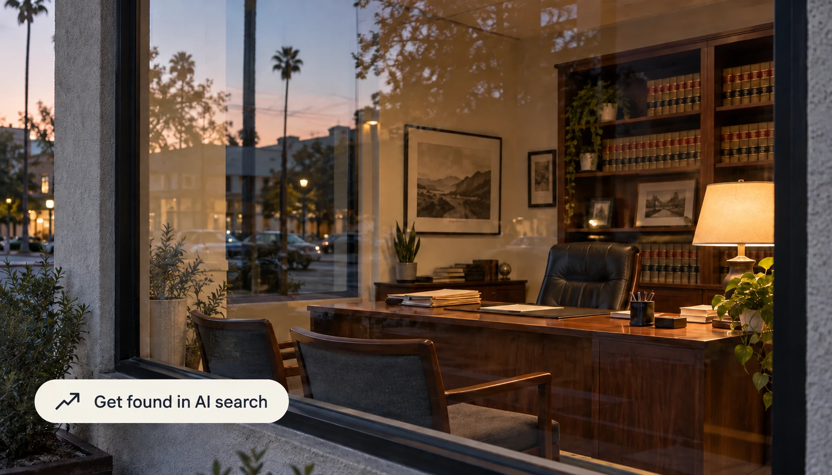 Warm evening light through the windows of a small law office