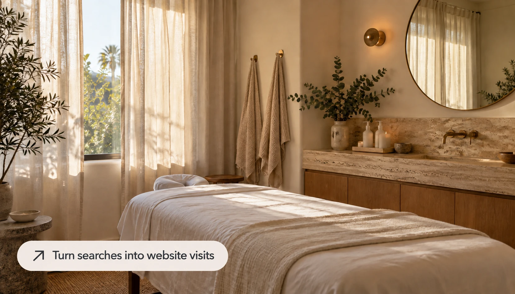A calm, softly lit med spa treatment room at dusk